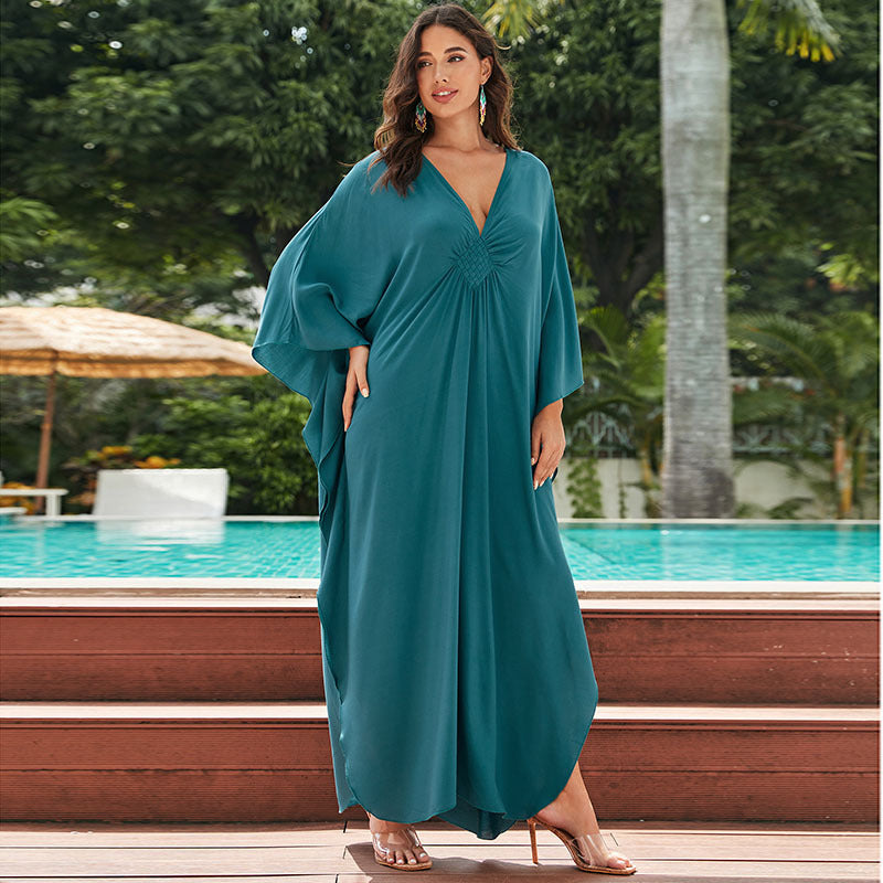 Women's bright summer maxidress with elegant V-neck and flowing silhouette Ivyshape