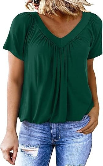 Women Pleated V-Neck Casual Top Ivyshape