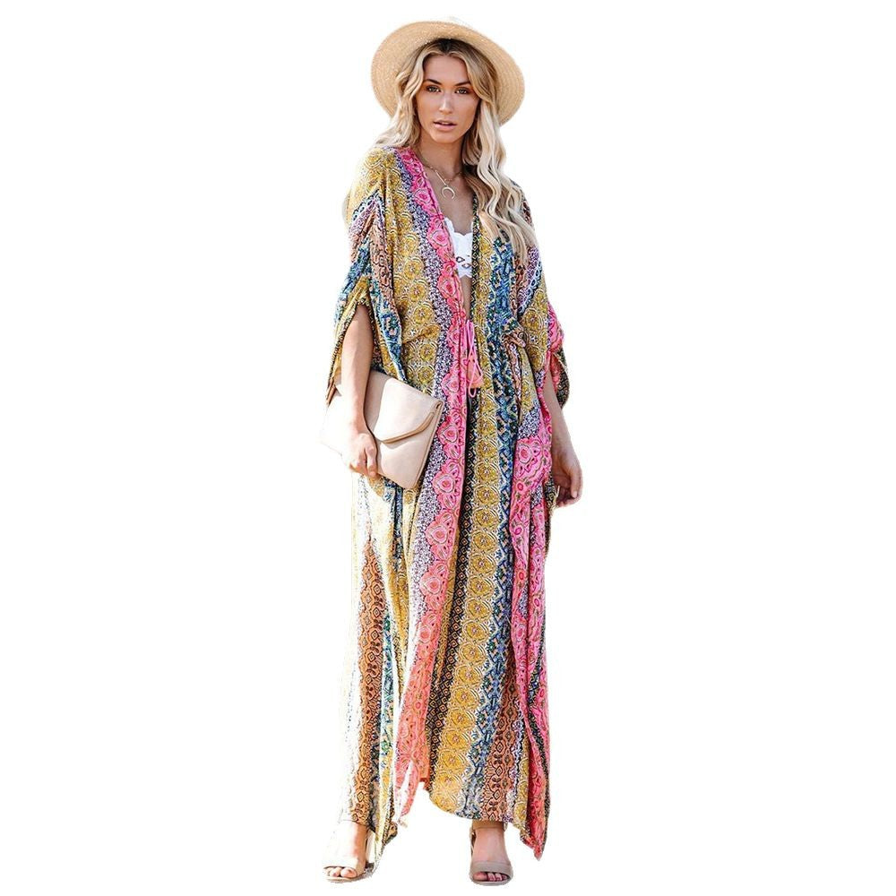 Women's beach kimono with unique floral pattern mix and side lacing Ivyshape