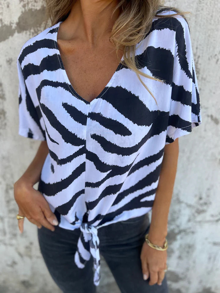 Ladies Elegant V-Neck Tie-Front Blouse Ivyshape