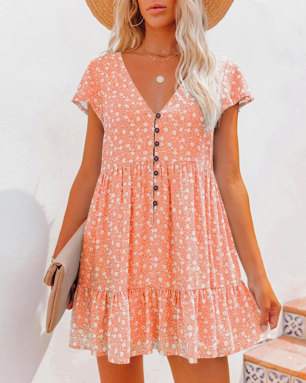 Women Floral Print Button-Down Mini Dress Ivyshape