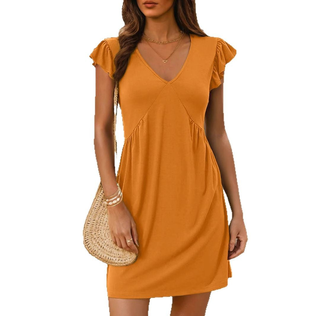 Ladies flattering V-neck dress with ruffled hems Ivyshape