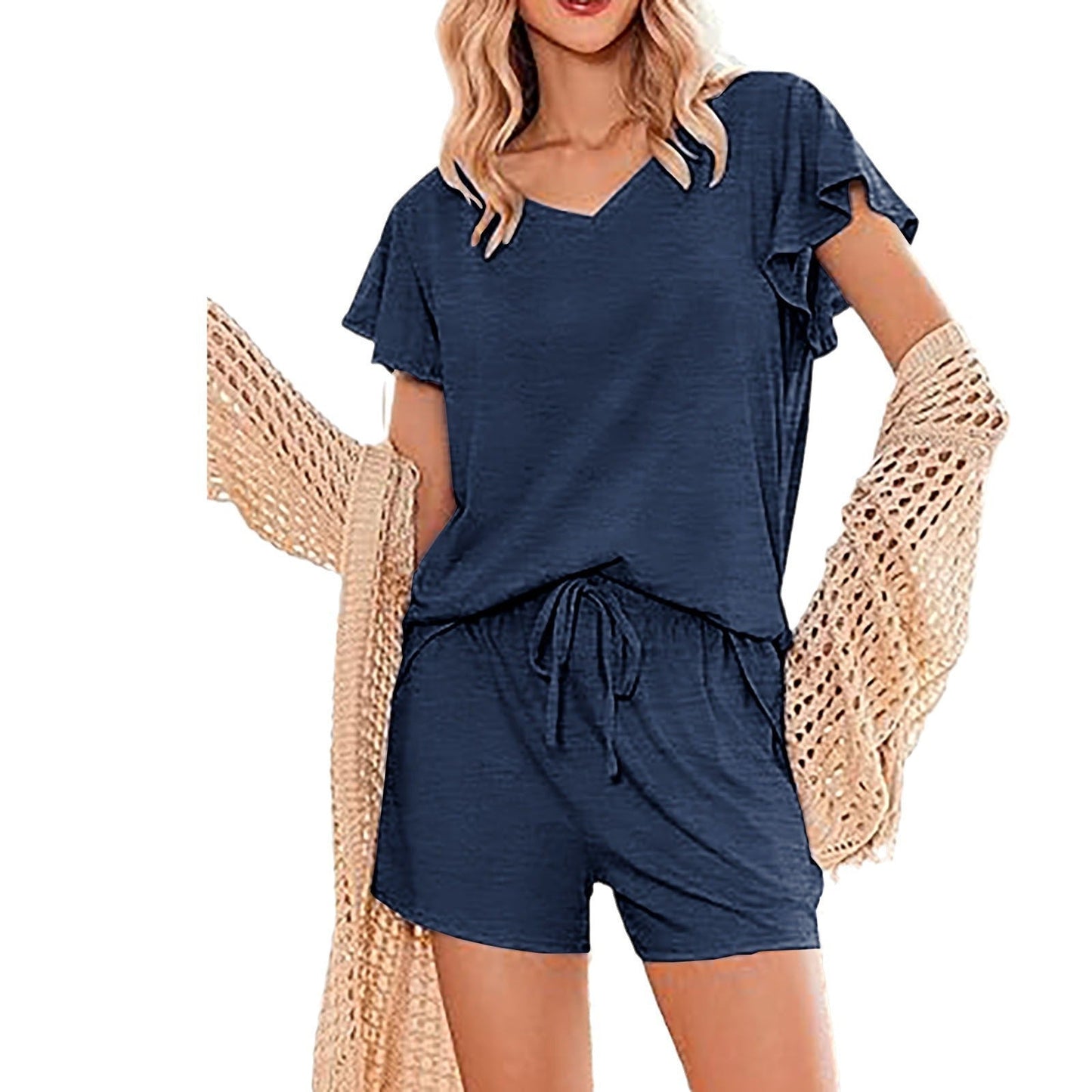 Ladies Pajama Set with Flowing Cut and Ruffle Details Ivyshape