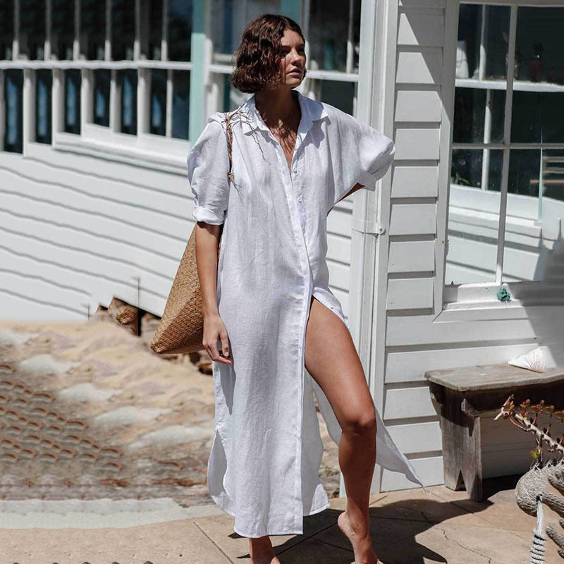Women's beach blouse with a casual fit and elegant collar Ivyshape