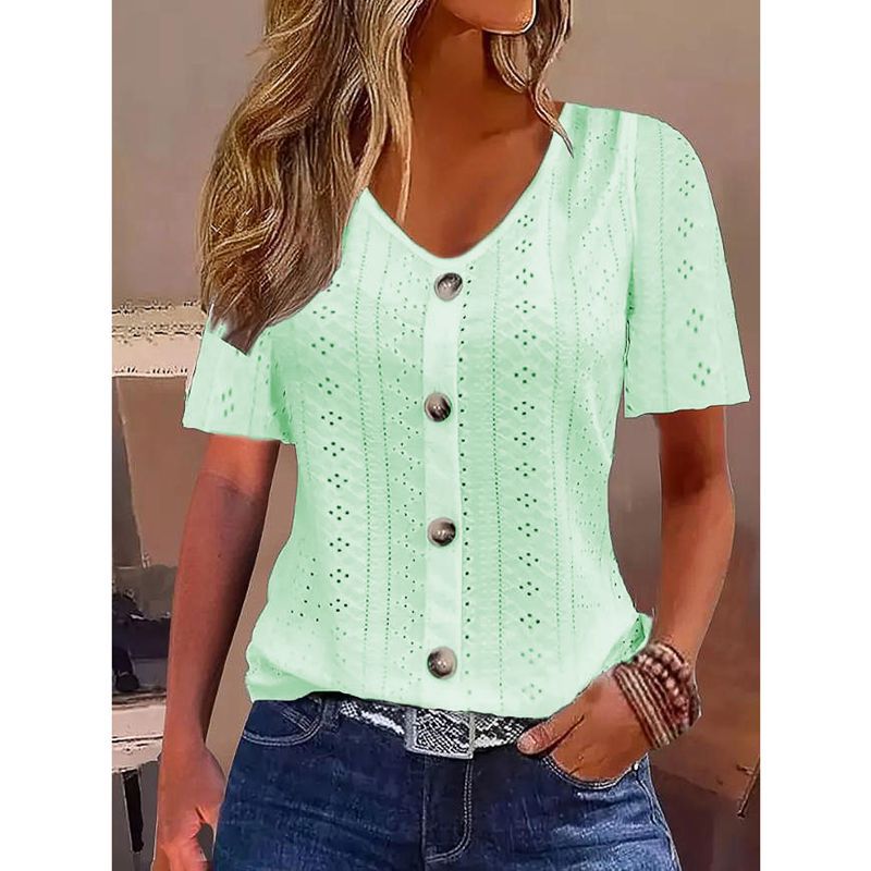 Ladies short sleeve blouse with decorative buttons and lace pattern Ivyshape