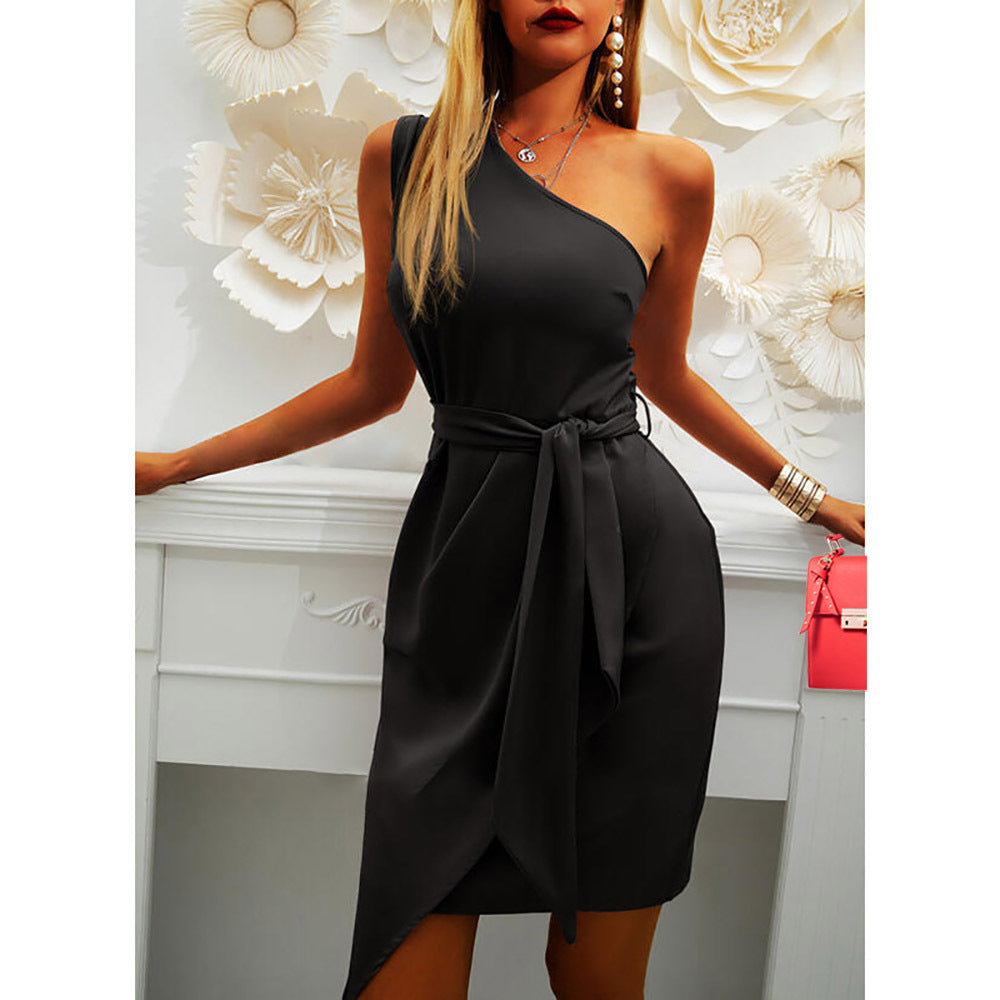 Ladies wrap dress with asymmetric neckline and waist belt Ivyshape