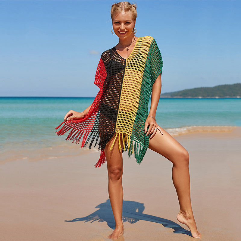Women Airy Beach Tunic with Colorful Fringes and Mesh Design Ivyshape