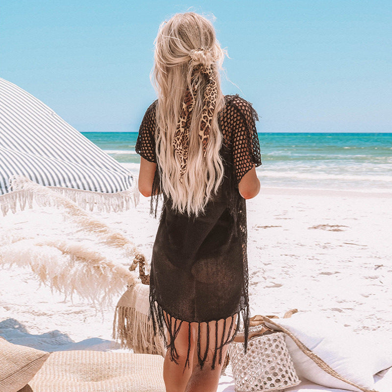 Women's transparent crochet beach cover-up with fringes and deep V-neck Ivyshape