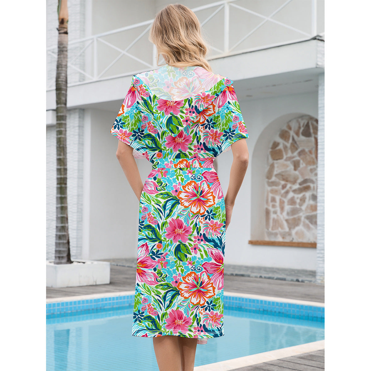 Ladies beach robe with hood and colorful floral pattern Ivyshape