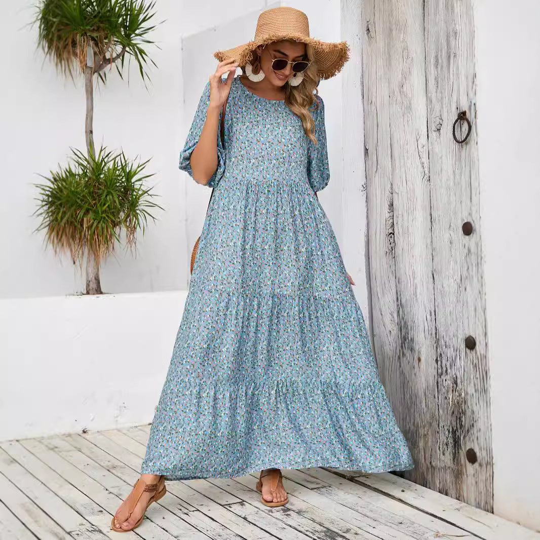 Women's maxi dress with playful floral design and elastic waist tie Ivyshape