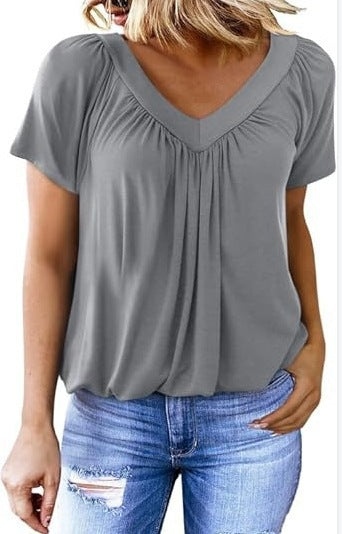 Women Pleated V-Neck Casual Top Ivyshape