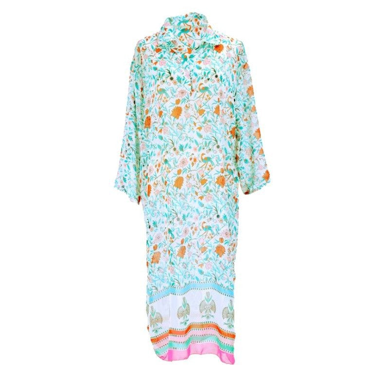 Women's beach tunic with floral pattern mix and long sleeves Ivyshape