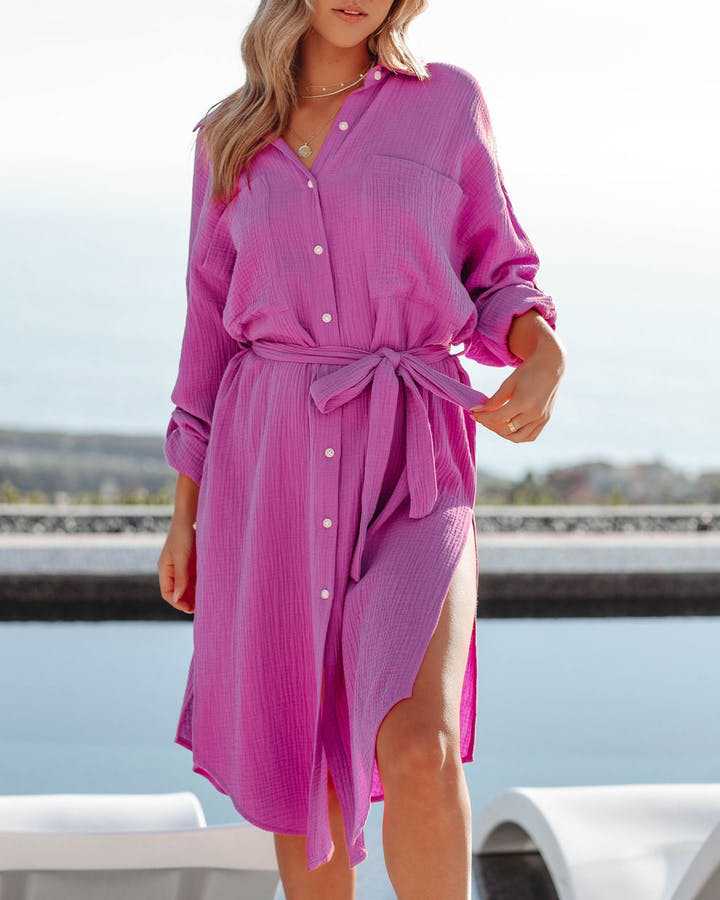 Women’s kaftan blouse dress with adjustable waist belt and knee-high slit Ivyshape