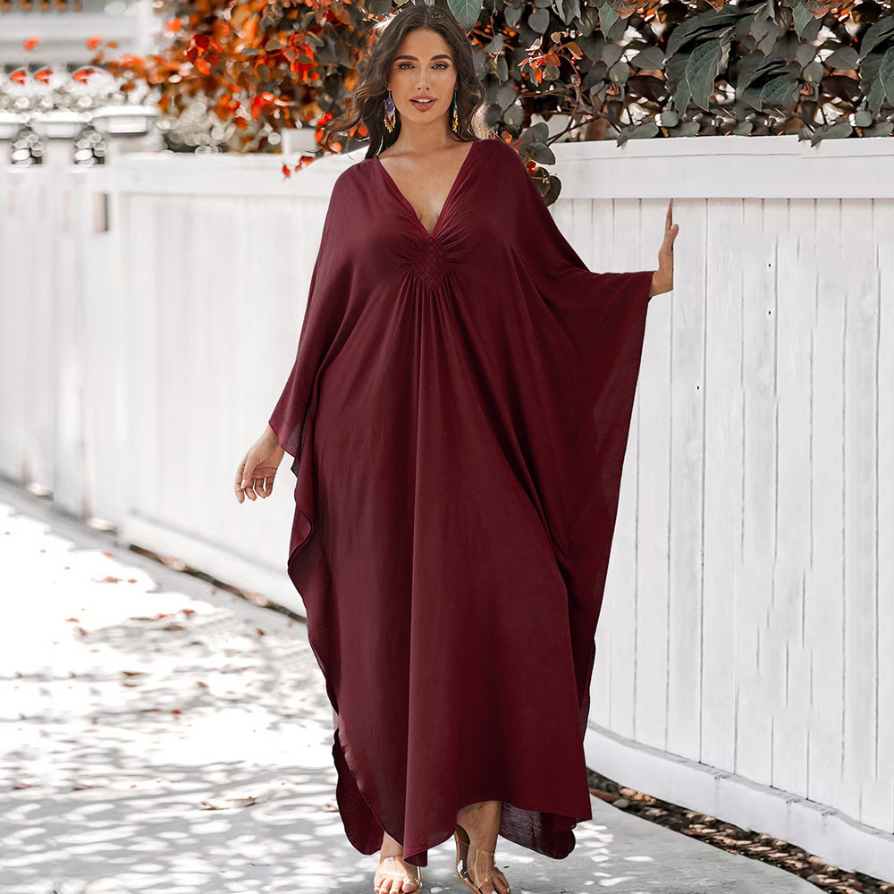 Women's bright summer maxidress with elegant V-neck and flowing silhouette Ivyshape