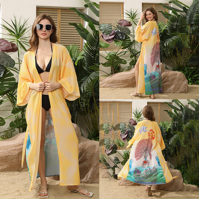 Women's beach cover-up with floral design and side lacing Ivyshape
