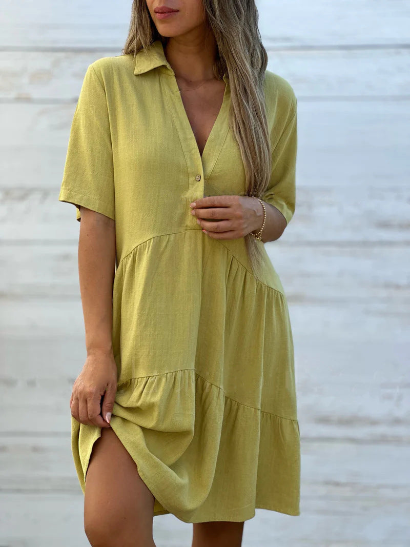 Women Short Sleeve Button-Up Swing Dress Ivyshape