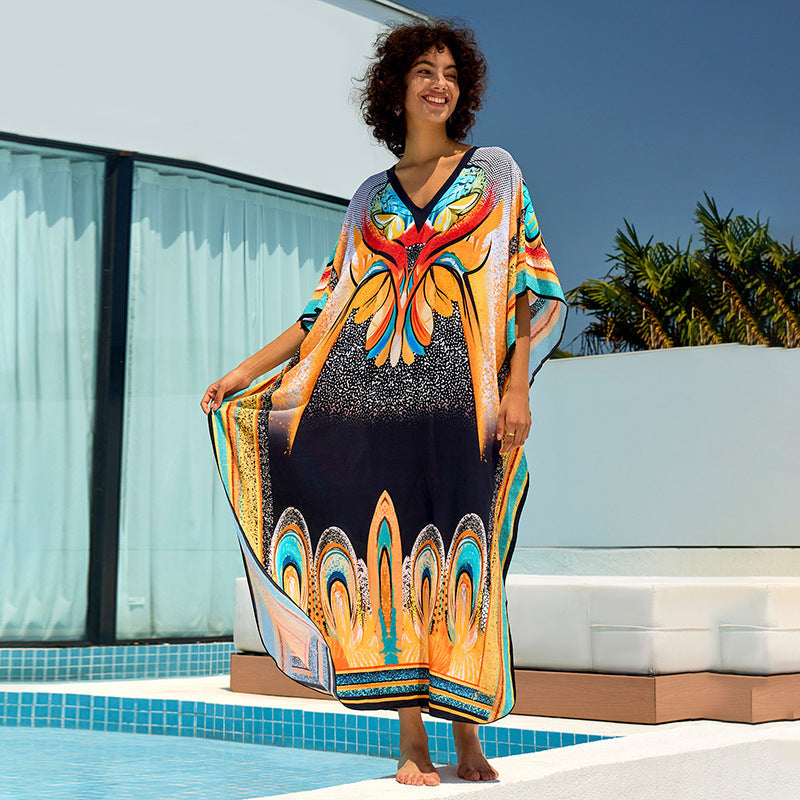Ladies beach kaftan with cheerful floral design and loose fit Ivyshape