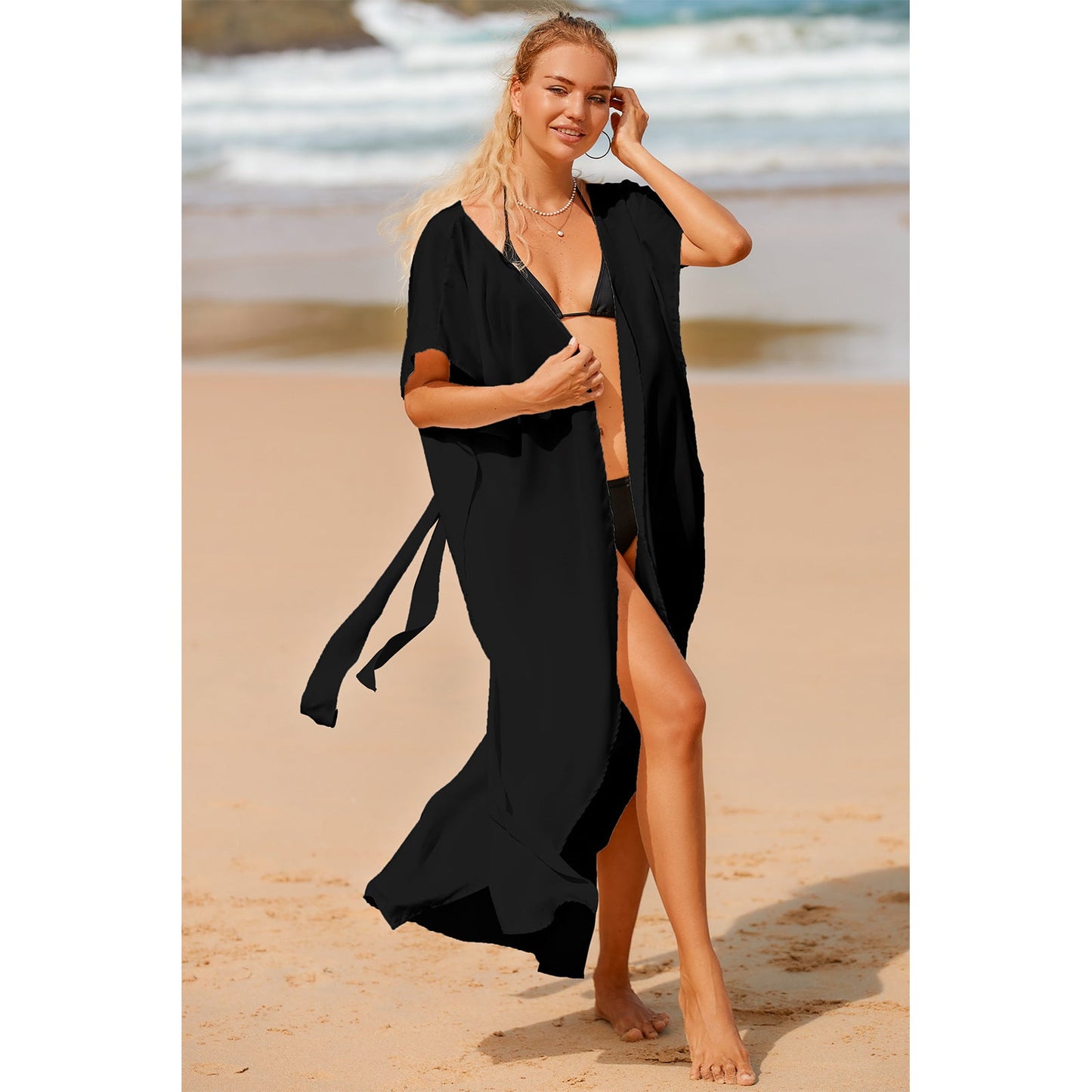 Ladies long beach dress with wide-cut sleeves and elegant waistline Ivyshape