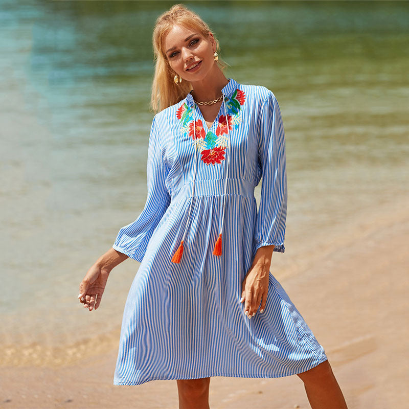 Women Summer Cotton Dress with Colorful Embroidery Design Ivyshape