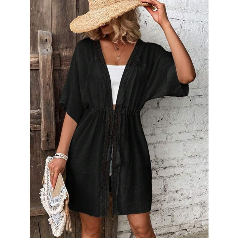 Women's beach tunic with elegant tie belt and lace accents Ivyshape