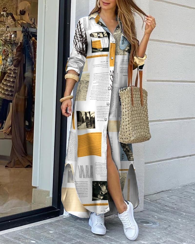 Women's maxi dress with geometric pattern and button-shaped details Ivyshape