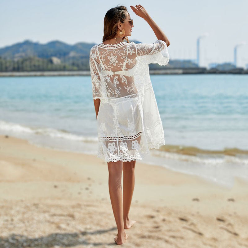 Ladies elegant beach cover-up with fine crochet and lace accents Ivyshape