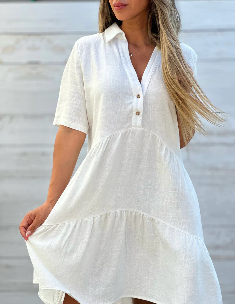 Women Short Sleeve Button-Up Swing Dress Ivyshape
