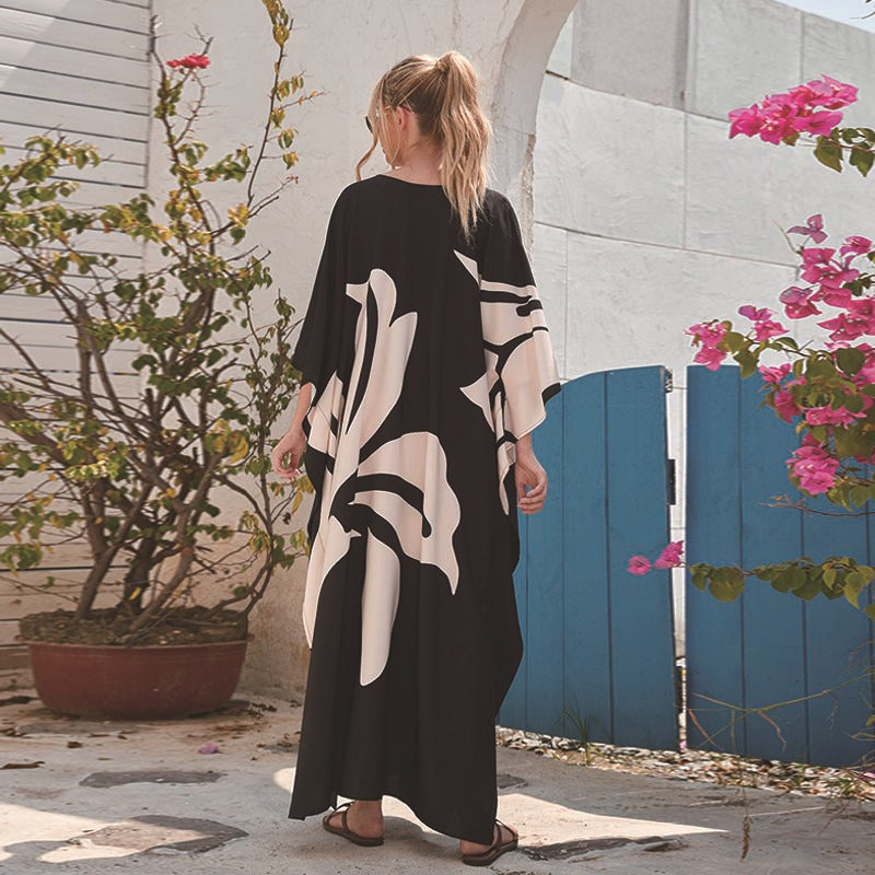 Women’s Maxi Kaftan with Floral Design and V-Neck Ivyshape