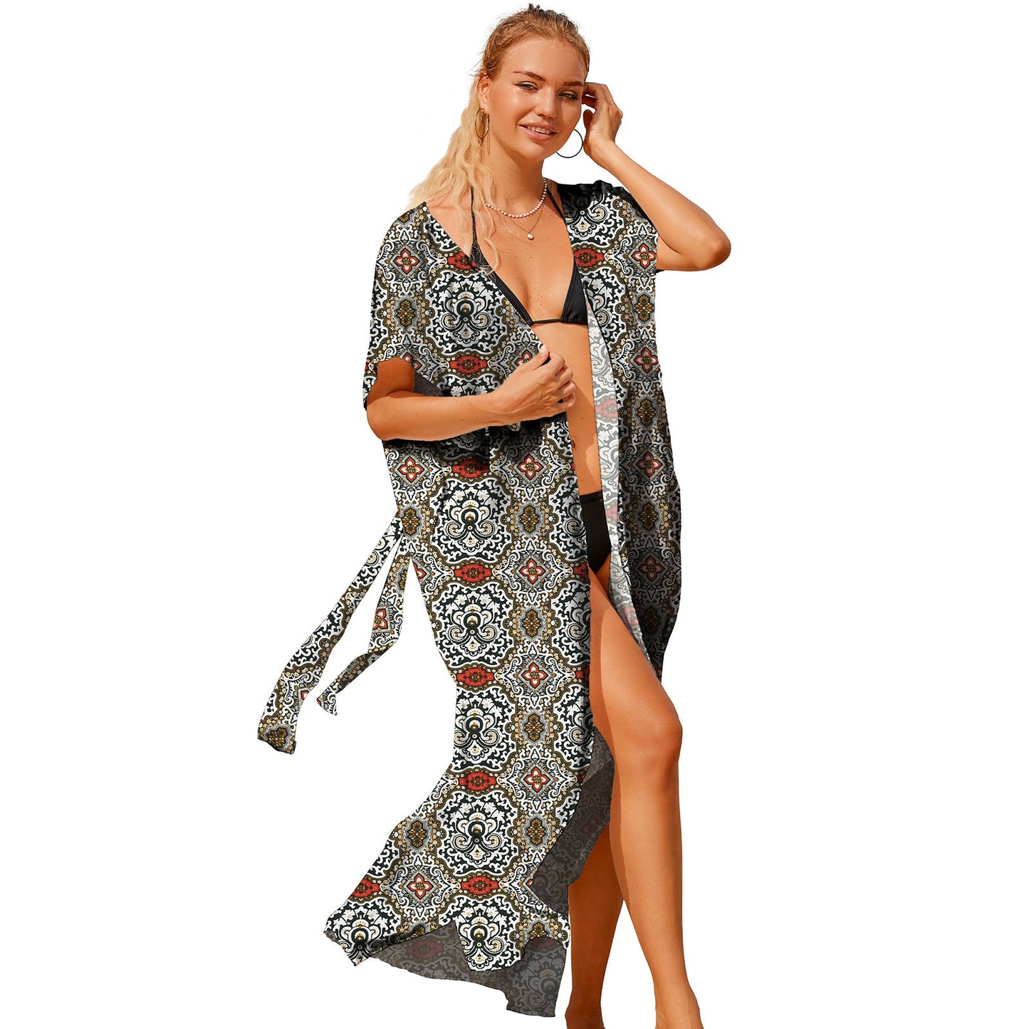 Ladies elegant beach kimono with ornamental print and practical tie bands Ivyshape