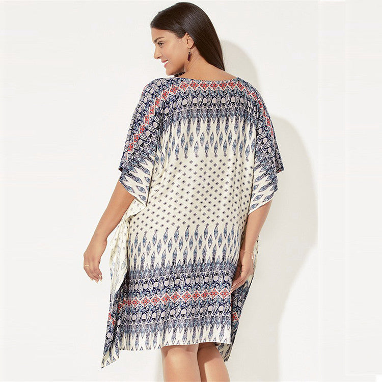 Women's beach tunic with colorful ethnic design and shaping Ivyshape