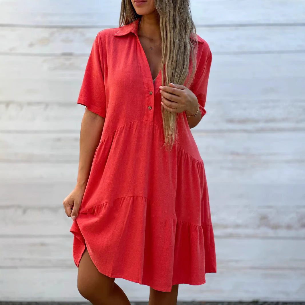 Women Short Sleeve Button-Up Swing Dress Ivyshape