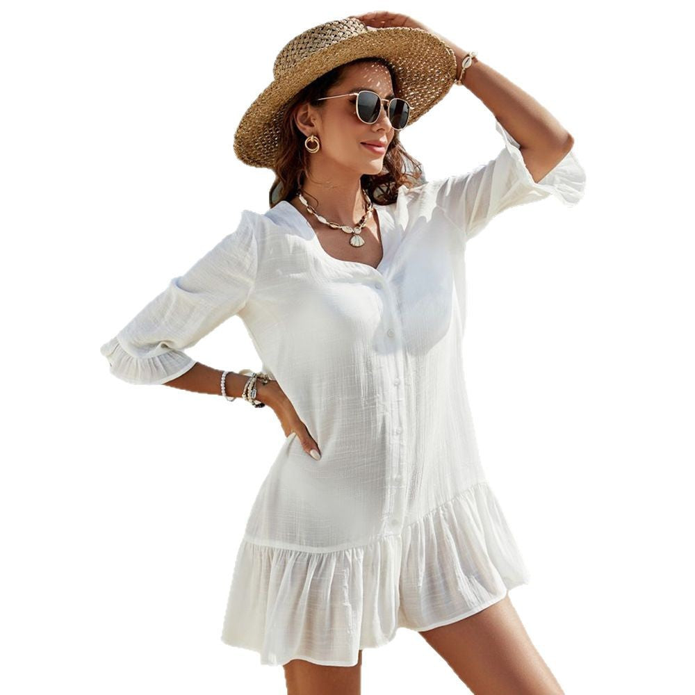 Women's airy beach dress with stylish button design and ruffled hem Ivyshape