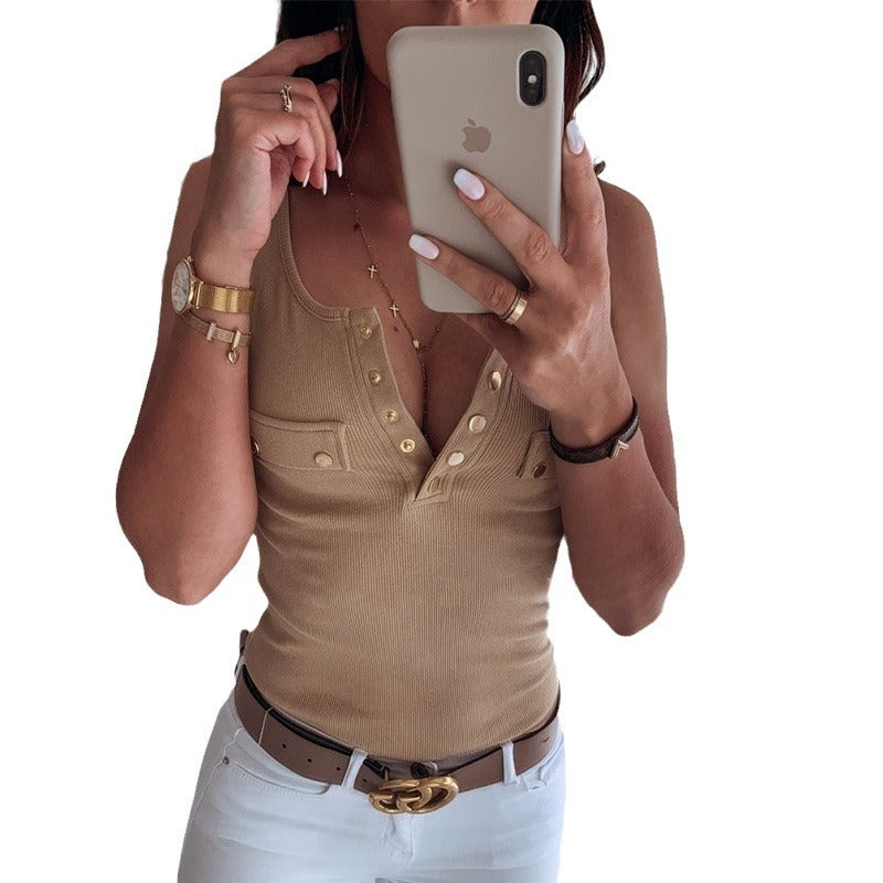 Women Button Closure Ribbed Top Ivyshape