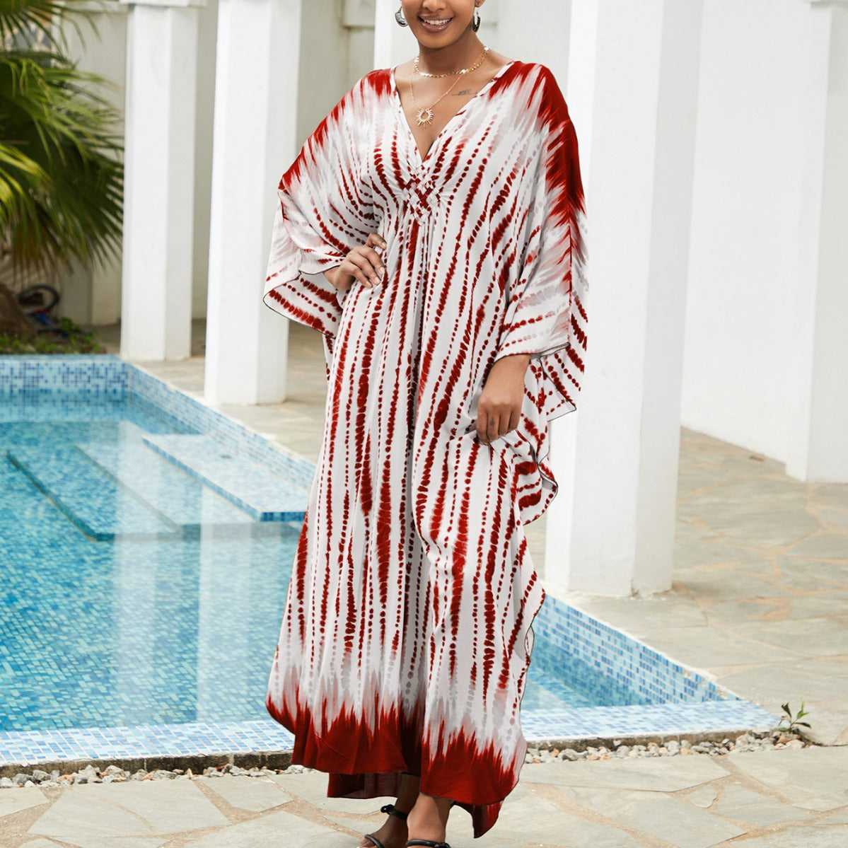 Ladies Maxi Beach Dress with Deep V-Neck and Playful Slit Ivyshape