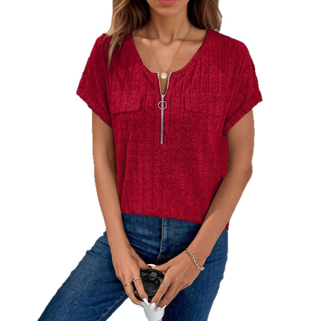 Women Rib Pockets Zip-Up Top Ivyshape