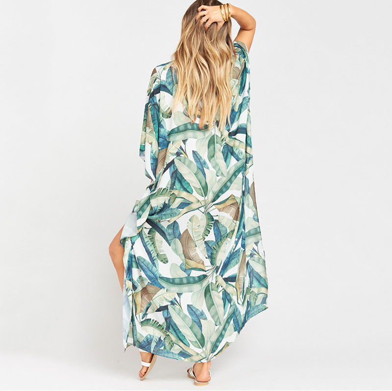 Ladies beach kaftan with floral leaf pattern and elegant cut Ivyshape
