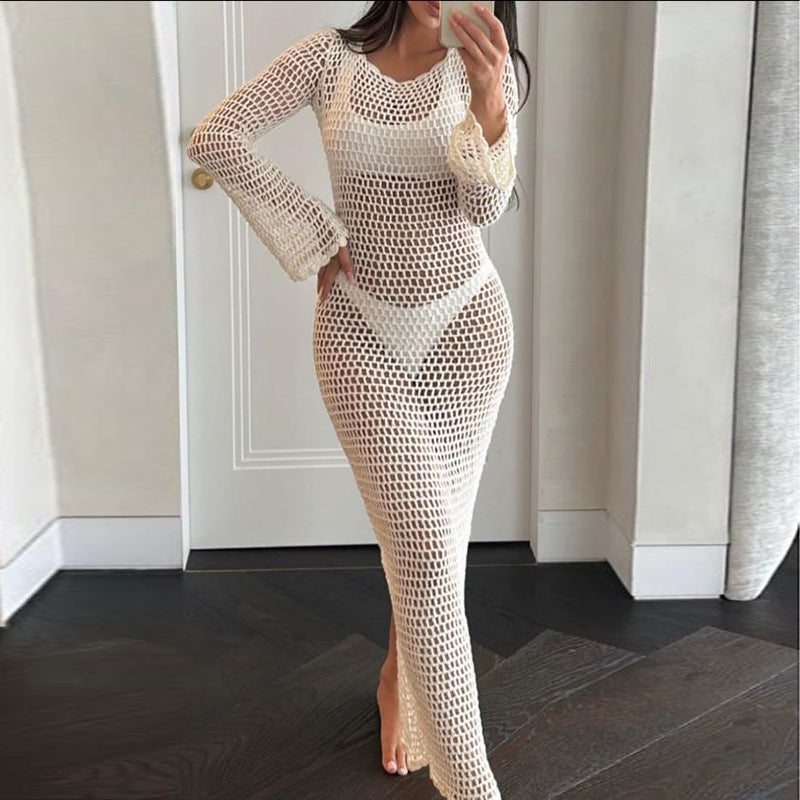 Women's Net Maxi Dress with Wide Flared Sleeves and Fitted Cut Ivyshape
