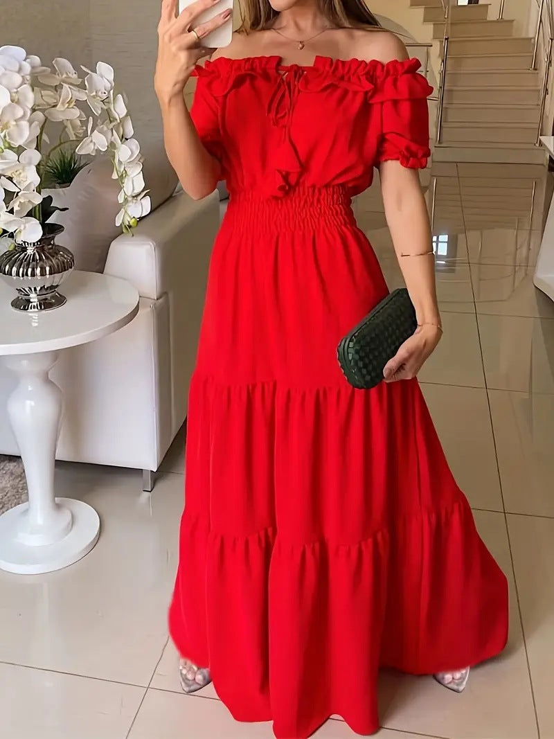 Women's maxi dress with ruffle details and off-shoulder design Ivyshape
