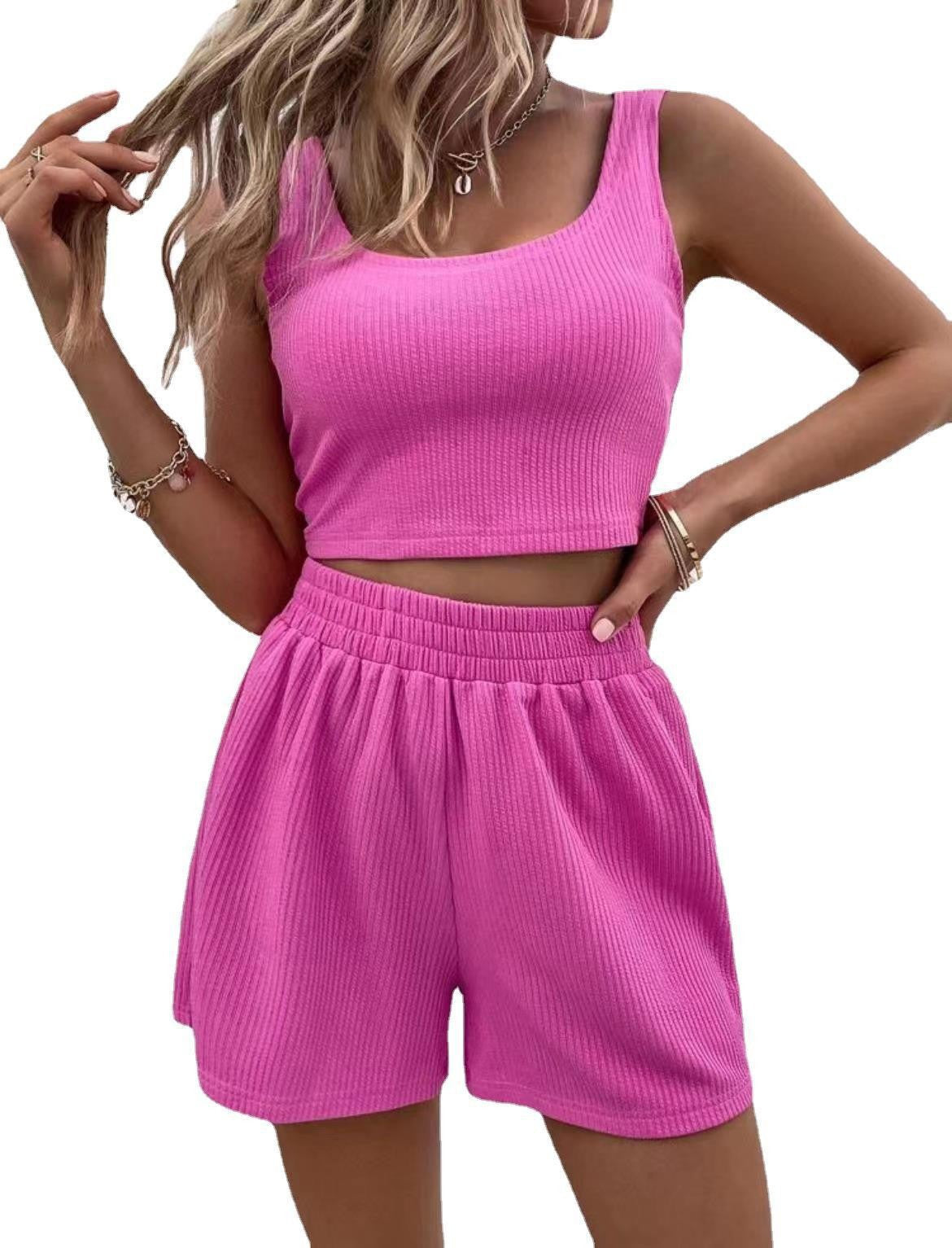 Women's casual crop top and shorts set with ribbed texture Ivyshape