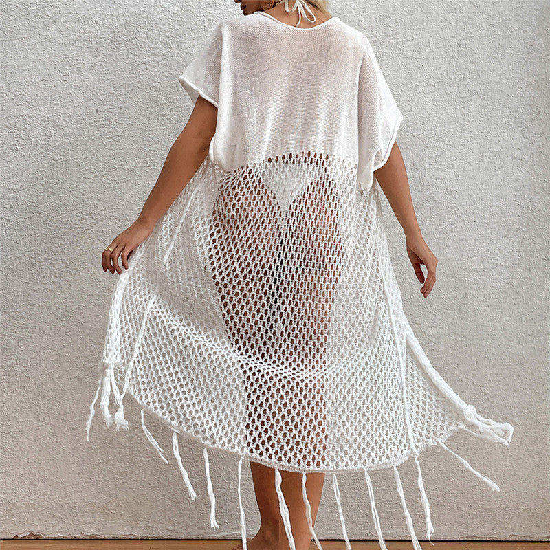 Women’s beach cover-up with elegant crochet pattern and fringed accents Ivyshape