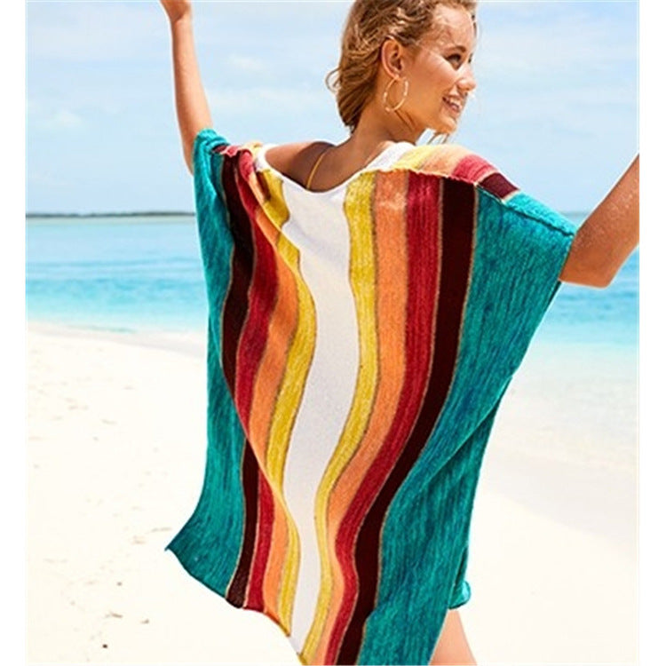 Women's casual beach cover-up with modern stripe pattern and deep V-neck Ivyshape