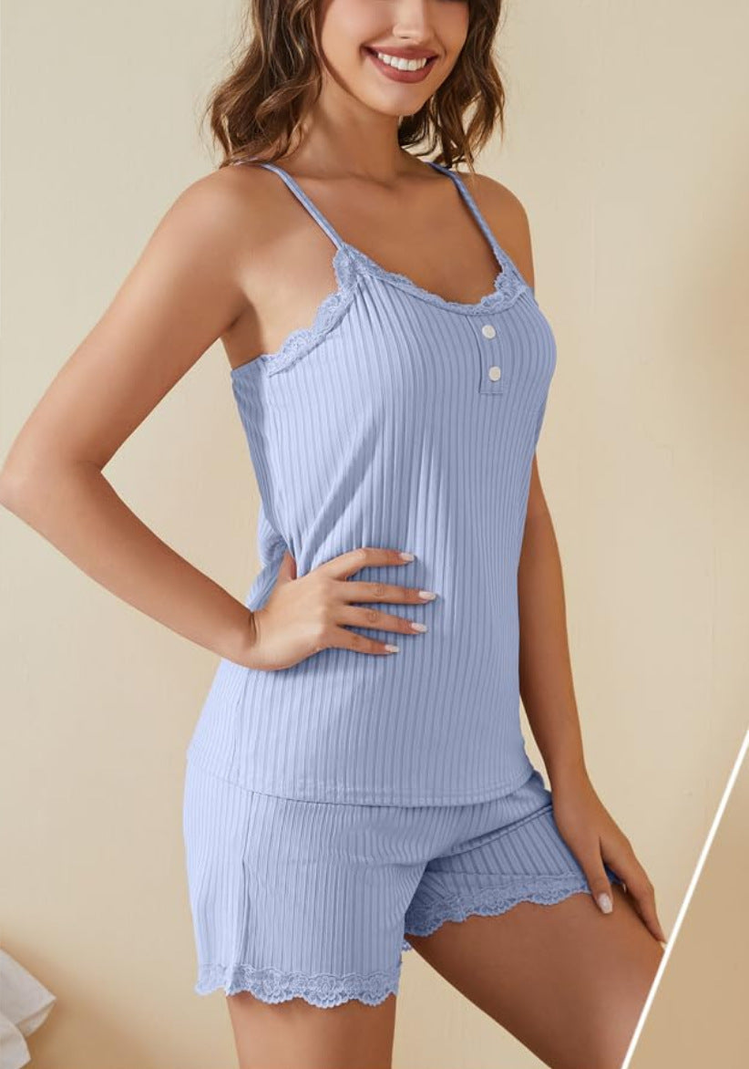 Ladies sleep set with lace trim made of ribbed fabric Ivyshape