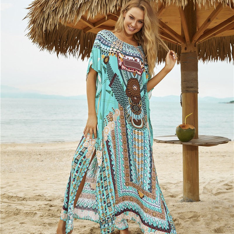 Ladies beach tunic with artistic print and side slits Ivyshape