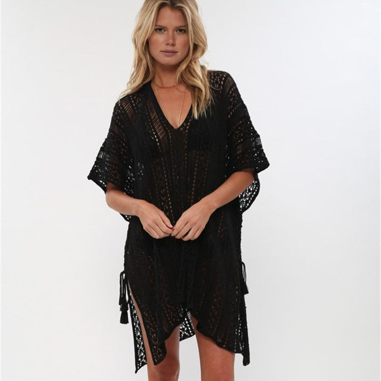 Ladies crochet dress with side slits and rounded hem Ivyshape