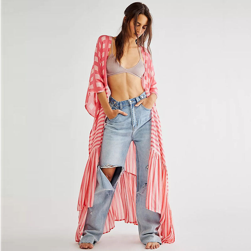 Women's airy beach cover-up with fringed hem and modern stripe details Ivyshape