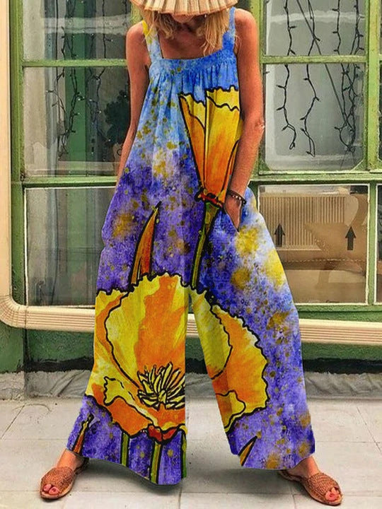 Ladies Art Print Wide-Leg Overall Ivyshape