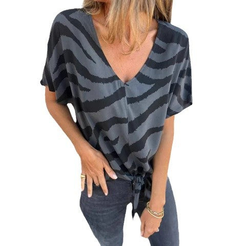 Ladies Elegant V-Neck Tie-Front Blouse Ivyshape
