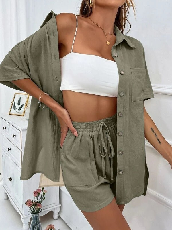 Women’s Casual Two-Piece Set with Shirt and Shorts Ivyshape