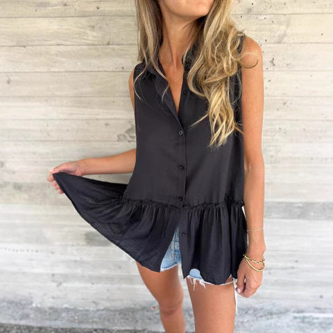 Women Sleeveless Button Closure Peplum Top Ivyshape