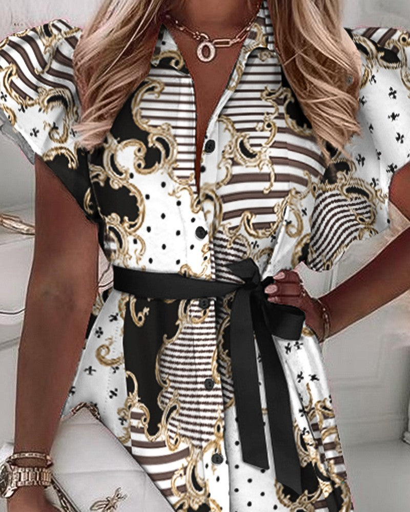 Women's shirt dress with luxurious chain pattern and voluminous sleeves Ivyshape